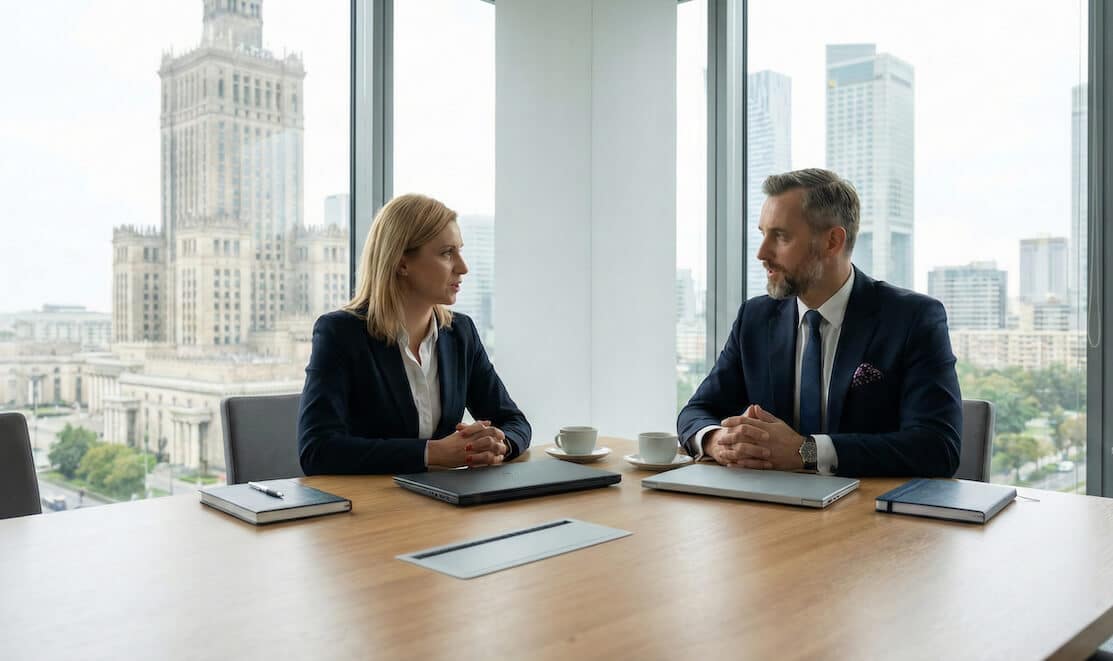 Pracownicy agencji rekrutacyjnej Devire ustalają strategię outsourcingu.